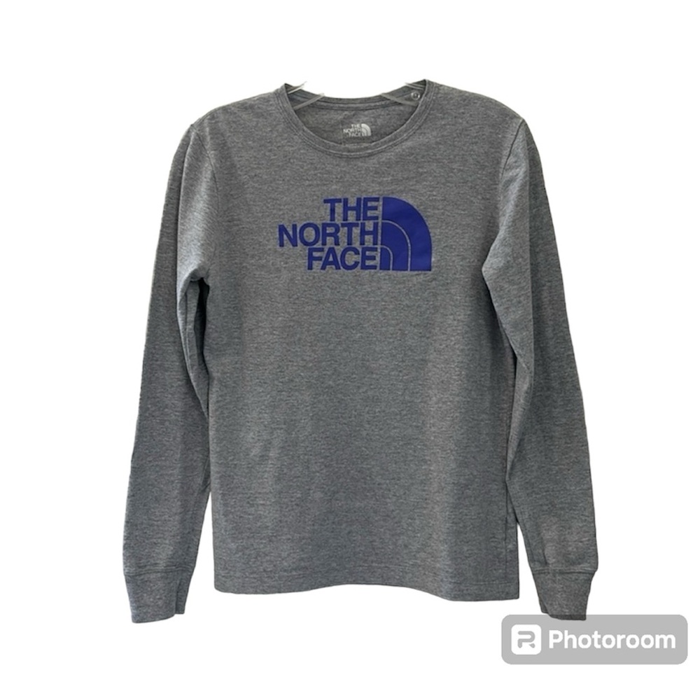 The North Face Gray With Blue Logo Long Sleeve T-Shirt Top Size Small